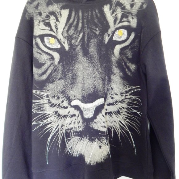 NEW HEADS OR TAILS Rhinestone Tiger Face HOODIE PULLOVER SWEATSHIRT Black Large - Picture 2 of 8